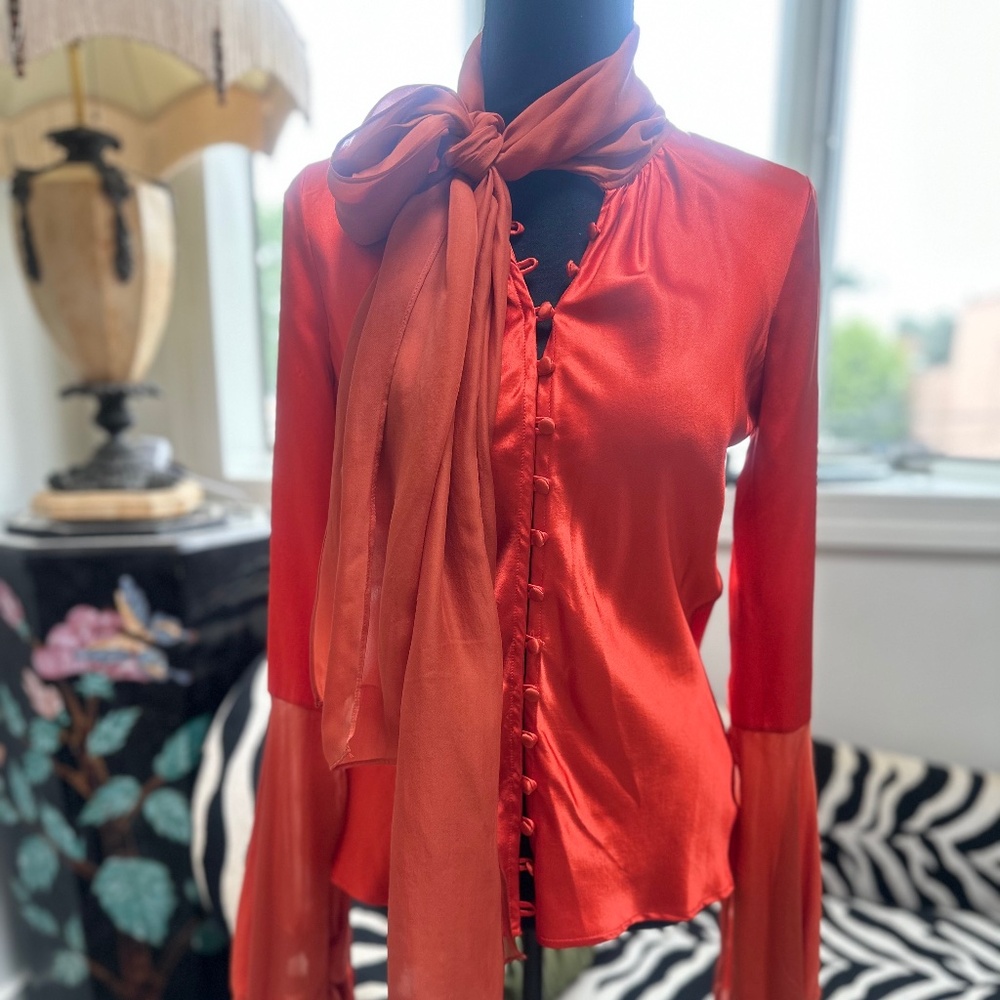 Vintage Roberto Cavalli orange long-sleeve button-up silk blouse